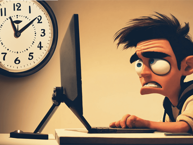 Un dessin d'un homme assis à son bureau qui désespère devant un siteweb trop lent