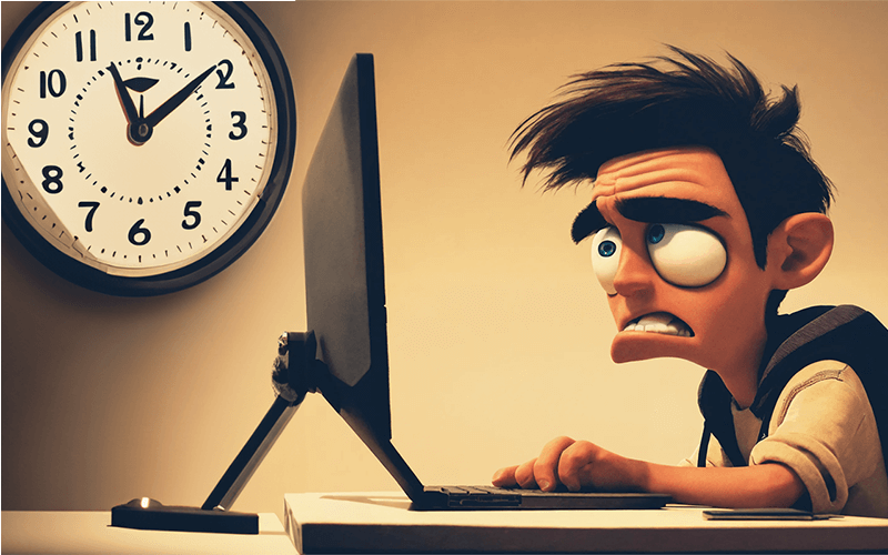 Un dessin d'un homme assis à son bureau qui désespère devant un siteweb trop lent