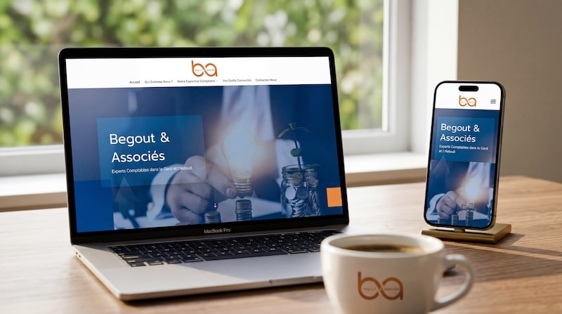 Site vitrine Bégout et associés affiché sur écran responsive — Stardust Communication