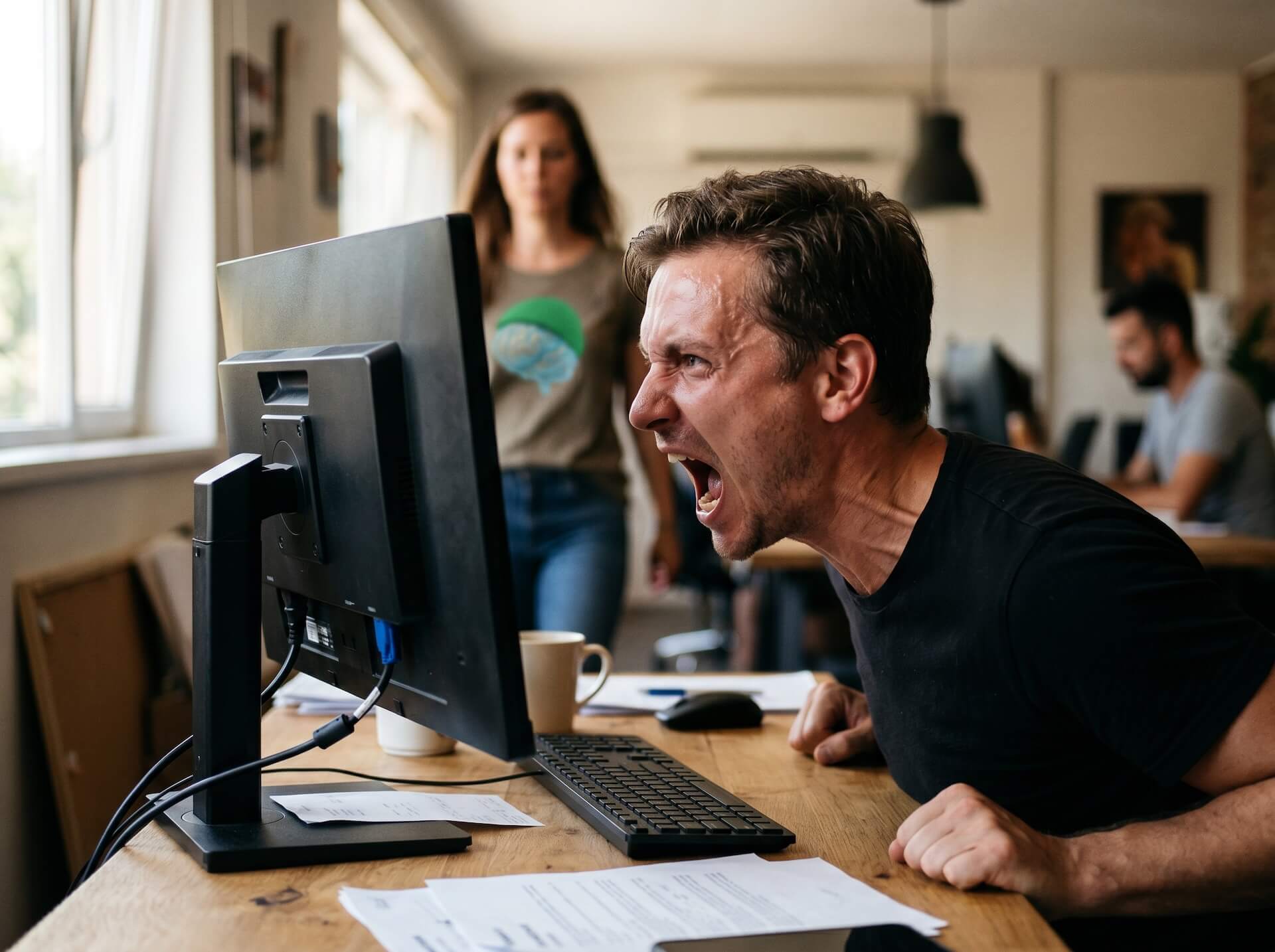 Illustration article Stardust Communication - homme criant de frustration face à son écran d'ordinateur, incarnant les 70% d'utilisateurs qui ont déjà insulté leur chatbot.