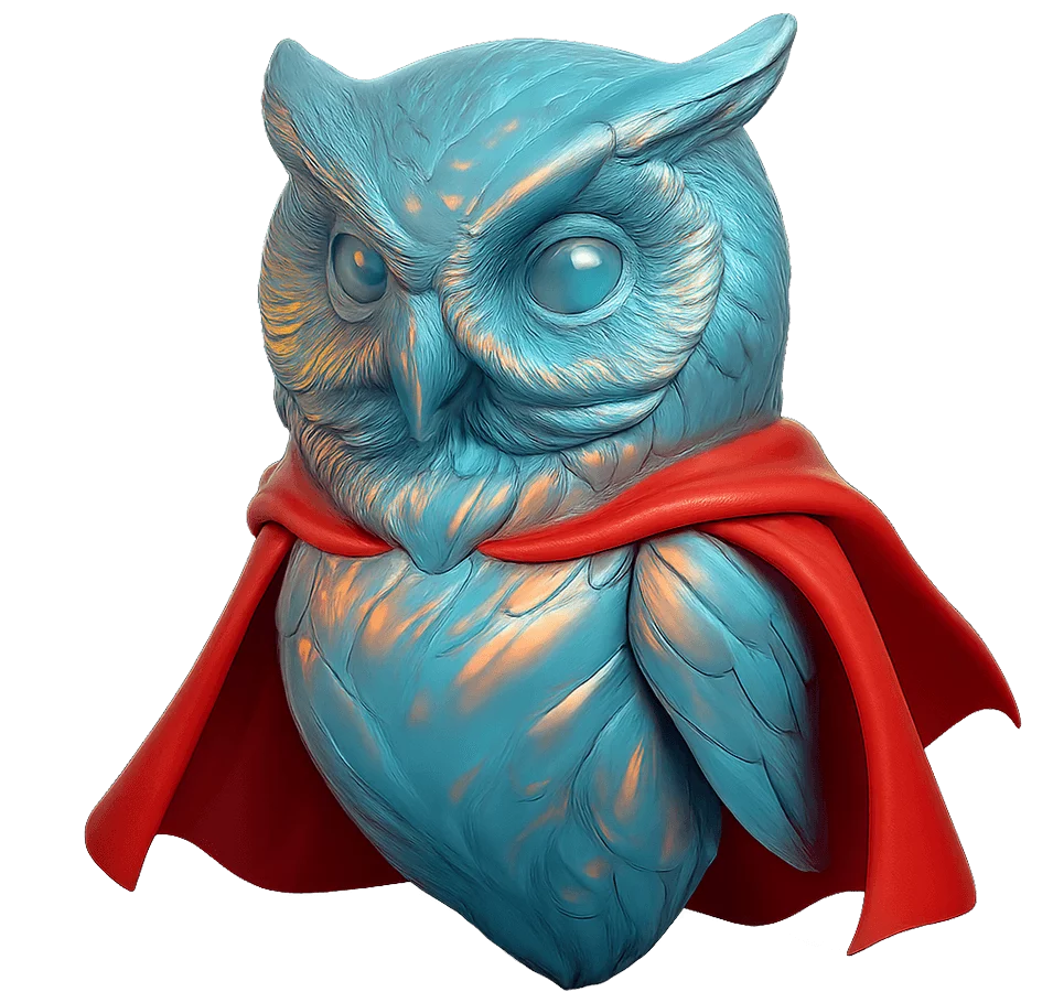 Hibou super-héros illustration 3D et orange — univers créatif Stardust Communication