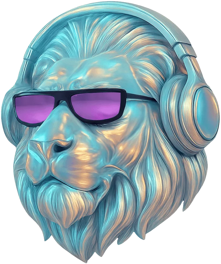 Léo Lion avec lunettes de soleil illustration 3D — mascotte Stardust Communication
